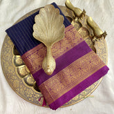 Navy Blue Kanchi Cotton Saree with Double Golden Border - Handloom - VS3694